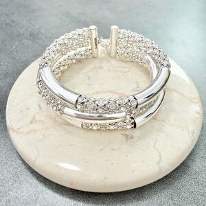 Napier Three Strand Sliver Tone Pave Crystal Cuff Bangle Adjustable Bracelet